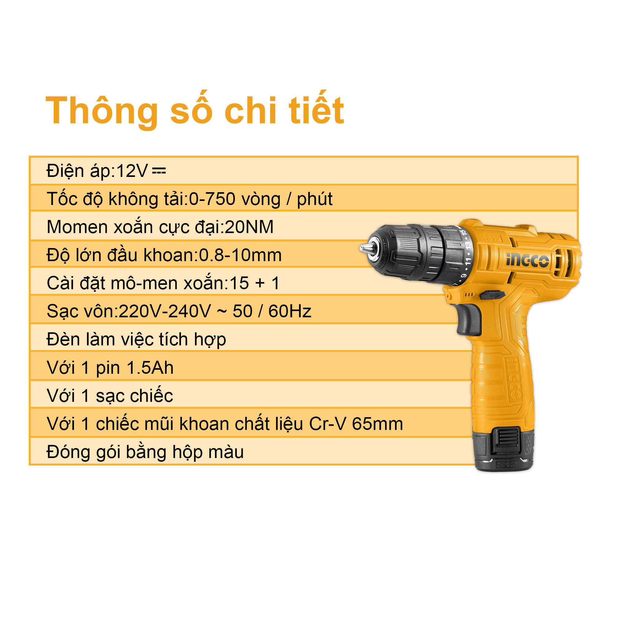 Máy khoan pin dùng pin Lithium 12V INGCO CDLI12415