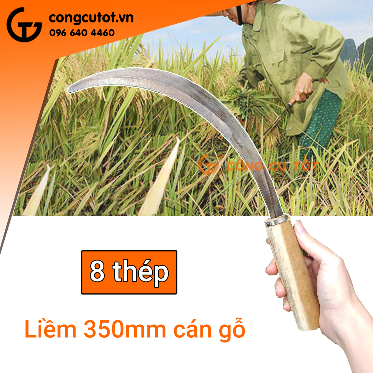 Lưỡi hái - Liềm phát cỏ, cắt lúa cán gỗ 8 thép dài 350mm