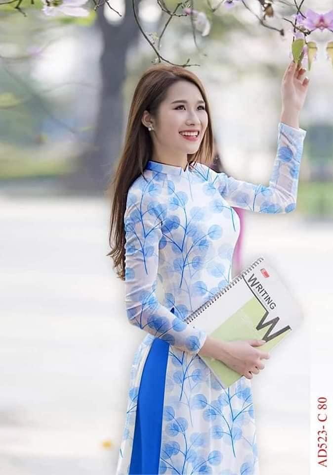 Bộ áo dài lụa may sẵn bóng xanh HB03 (Cả bộ áo kèm quần)