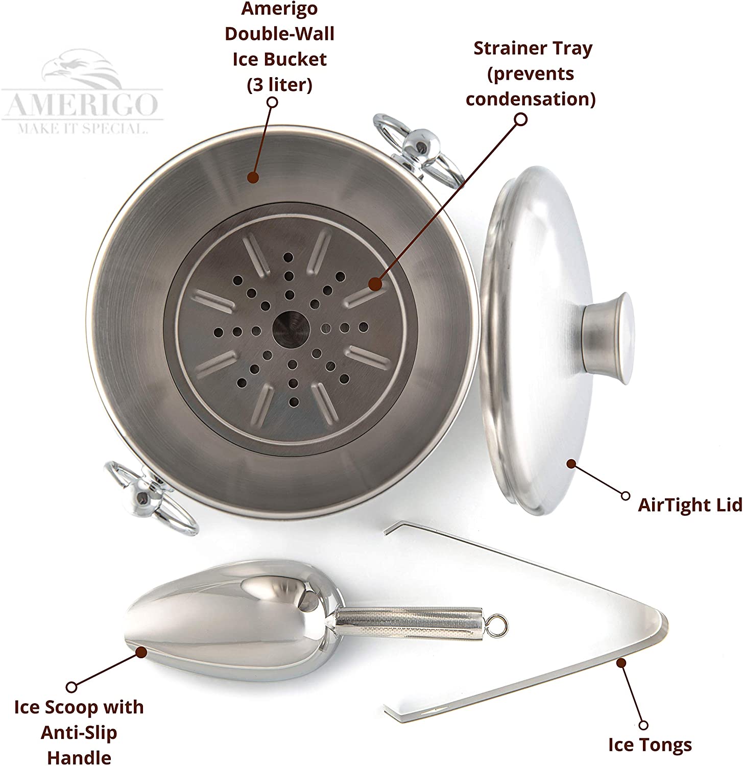 XÔ ĐỰNG ĐÁ INOX CÓ NẮP AMERIGO, 3 LÍT