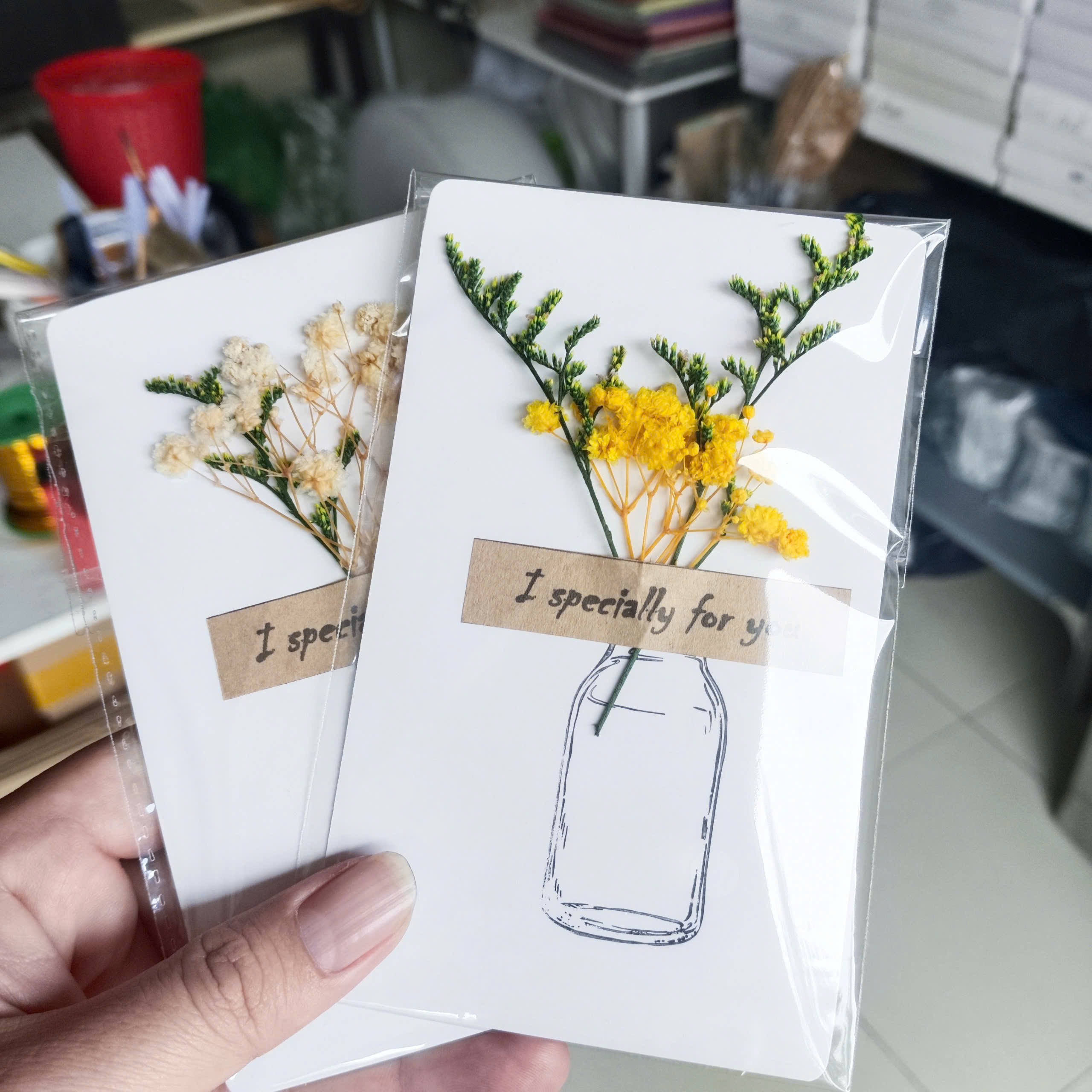 combo 5 thiệp hoa khô - hoa khô 100%, hàng thủ công, quà tặng, ngày lễ, lưu niệm