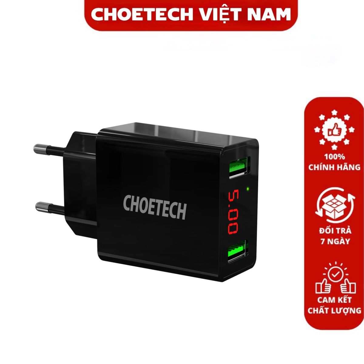 Củ sạc 2 cổng usb-a có màn hình hiển thị điện áp choetech c0028