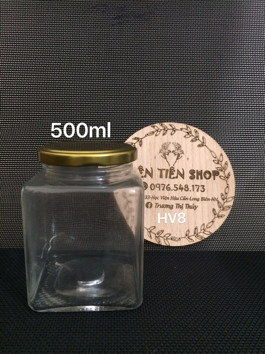 Hũ thuỷ tinh vuông 500ml nắp thiếc vàng