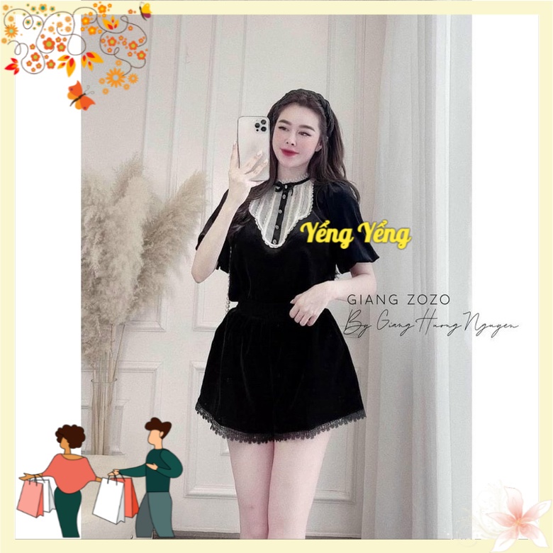 Anu533 - áo nhung nữ đen cổ trắng ren nơ tay bồng