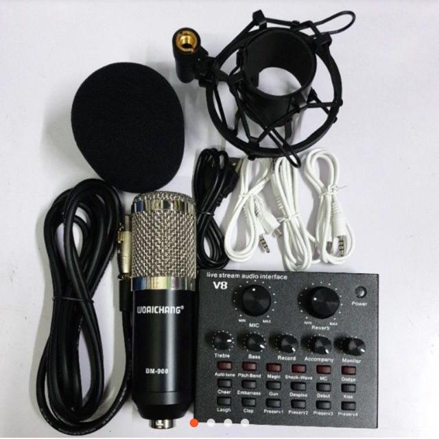 Combo míc hát livestream thu âm karaoke online micro BM800 card v8