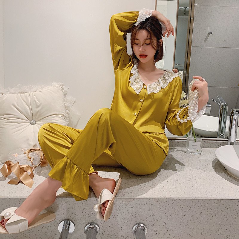 Pijama lụa tiểu thư phối bèo cao cấp, đồ ngủ lụa ,đồ ngủ pijama-PJ494.