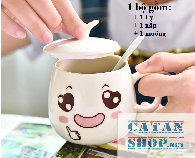 01 Cup ceramic cup with lid (attached spoon) the expressive super cute (delivery random pattern) HK062