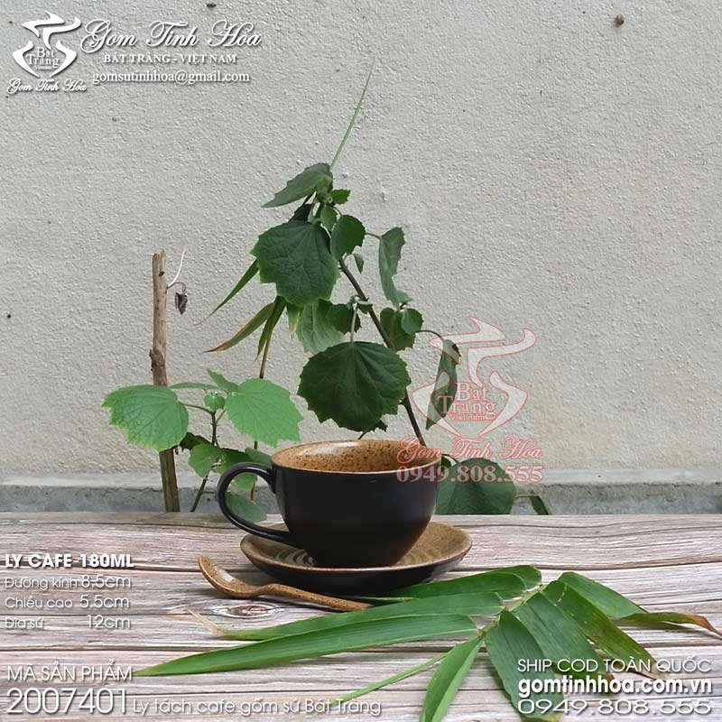 Ly tách uống trà cafe 180ml men đen lòng gốm
