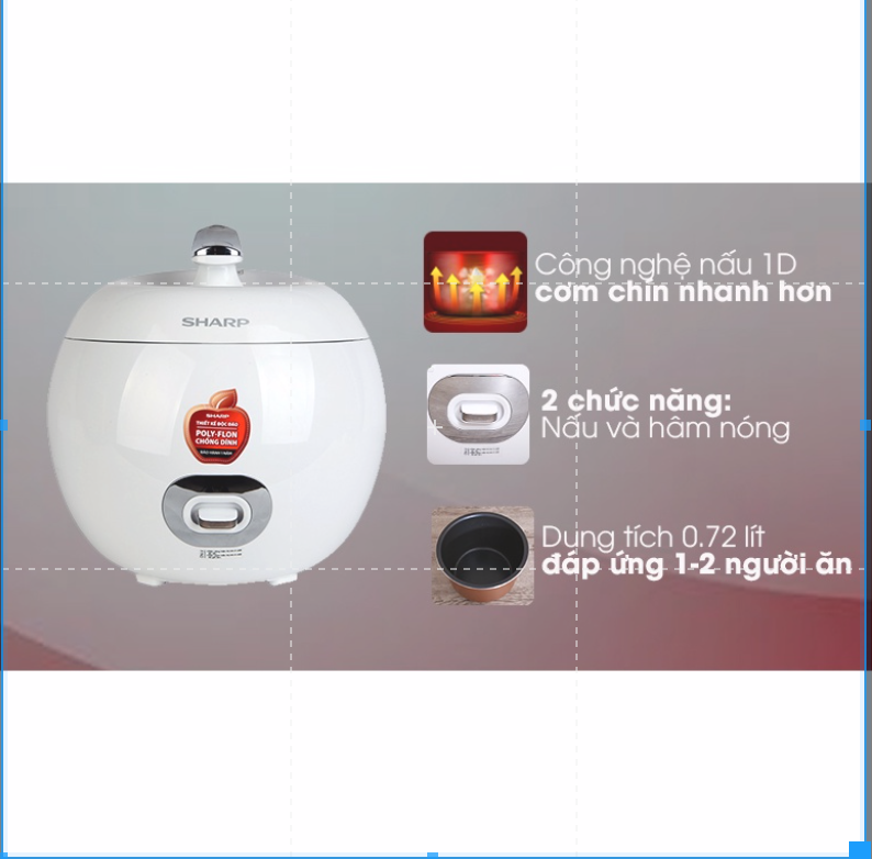 Nồi cơm điện Sharp KS-A08V-WH, KS-A08V-RD 0.72 lít (Hàng chính hãng, Nấu cơm nhanh, Thiết kế độc đáo)