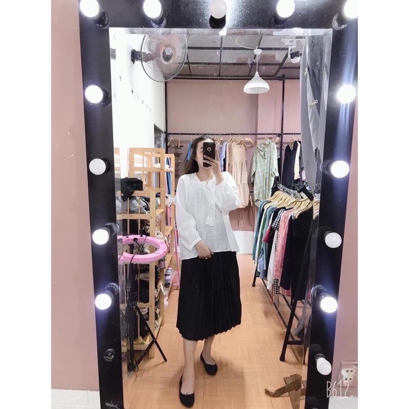 Chân Váy Bầu Midi Xếp Ly Lụa Gân