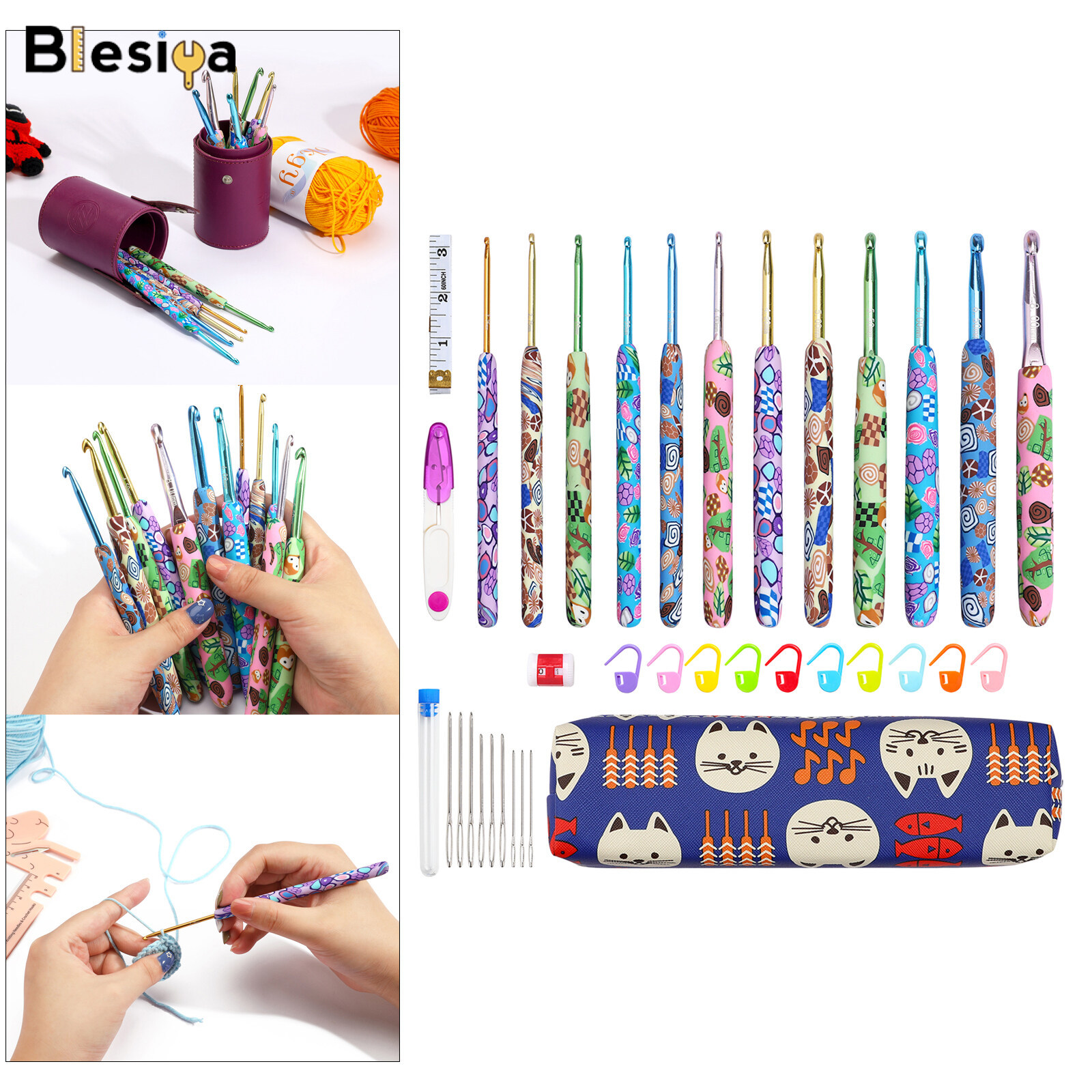 Blesiya Sewing Tool Crochet Hooks Kit Yarn Knitting Needles Ergonomic Grip Set Tools