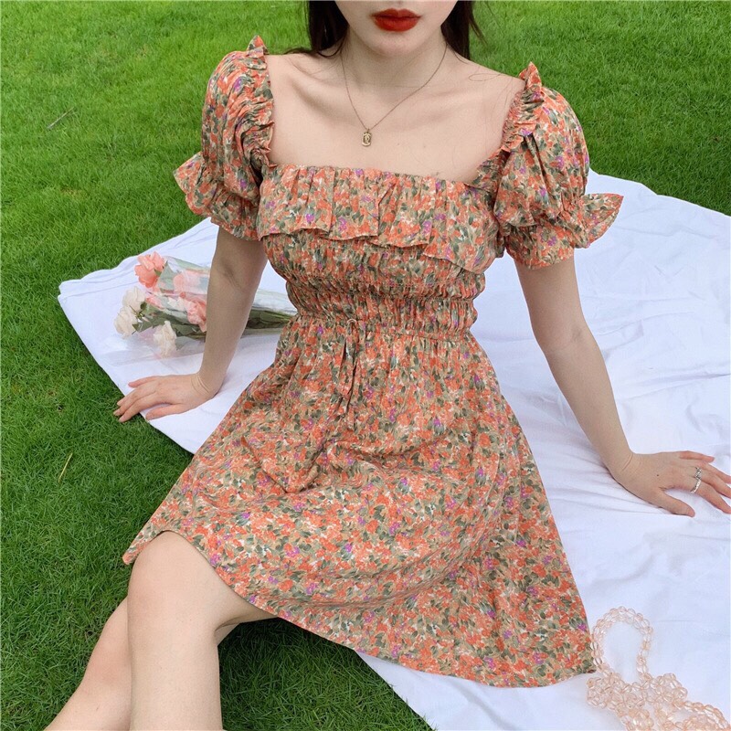 Đầm Lụa Xòe  Hoa Nhí Trễ Vai Gợi Cảm TTSA0544