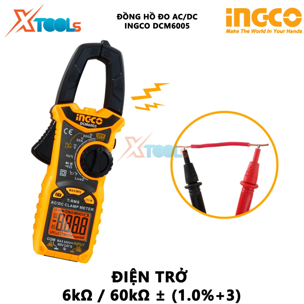 Đồng hồ kẹp AC/DC INGCO DCM6005 Ampe kìm 6000 số lưu dữ liệu, Dòng điện 60A / 600A đo dòng điện, điện áp hoặc điện trở XTOOLs