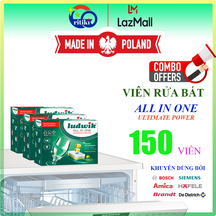 Combo 3 hộp 50 viên rửa chén Ludwik All in one nhập khẩu chính hãng Ba Lan