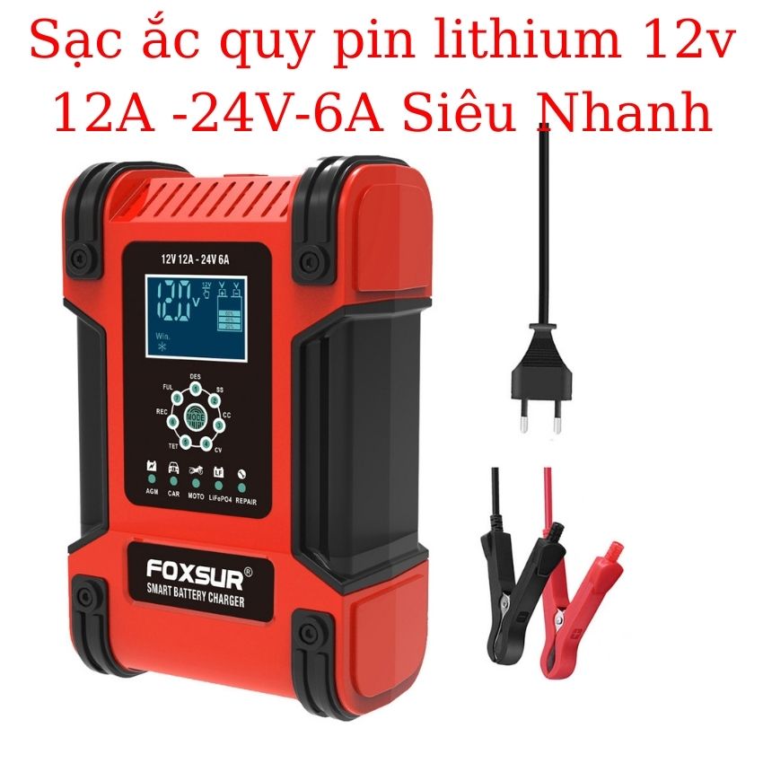 M&aacute;y sạc b&igrave;nh ắc quy 12V 24V 200AH FOXSUR sạc được pin Lithium LiFePo4 c&oacute; chức năng khử sunfat th&ocirc;ng minh tự ngắt khi đầy