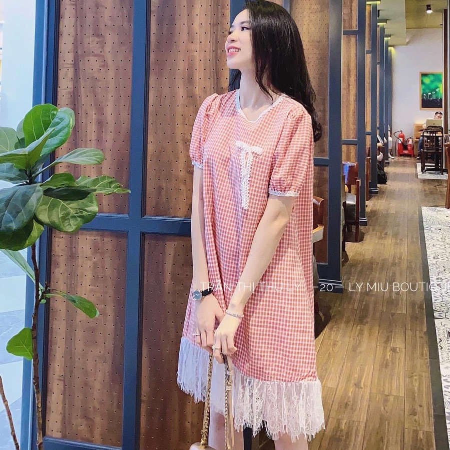 [HCM]Đầm suông caro phối ren