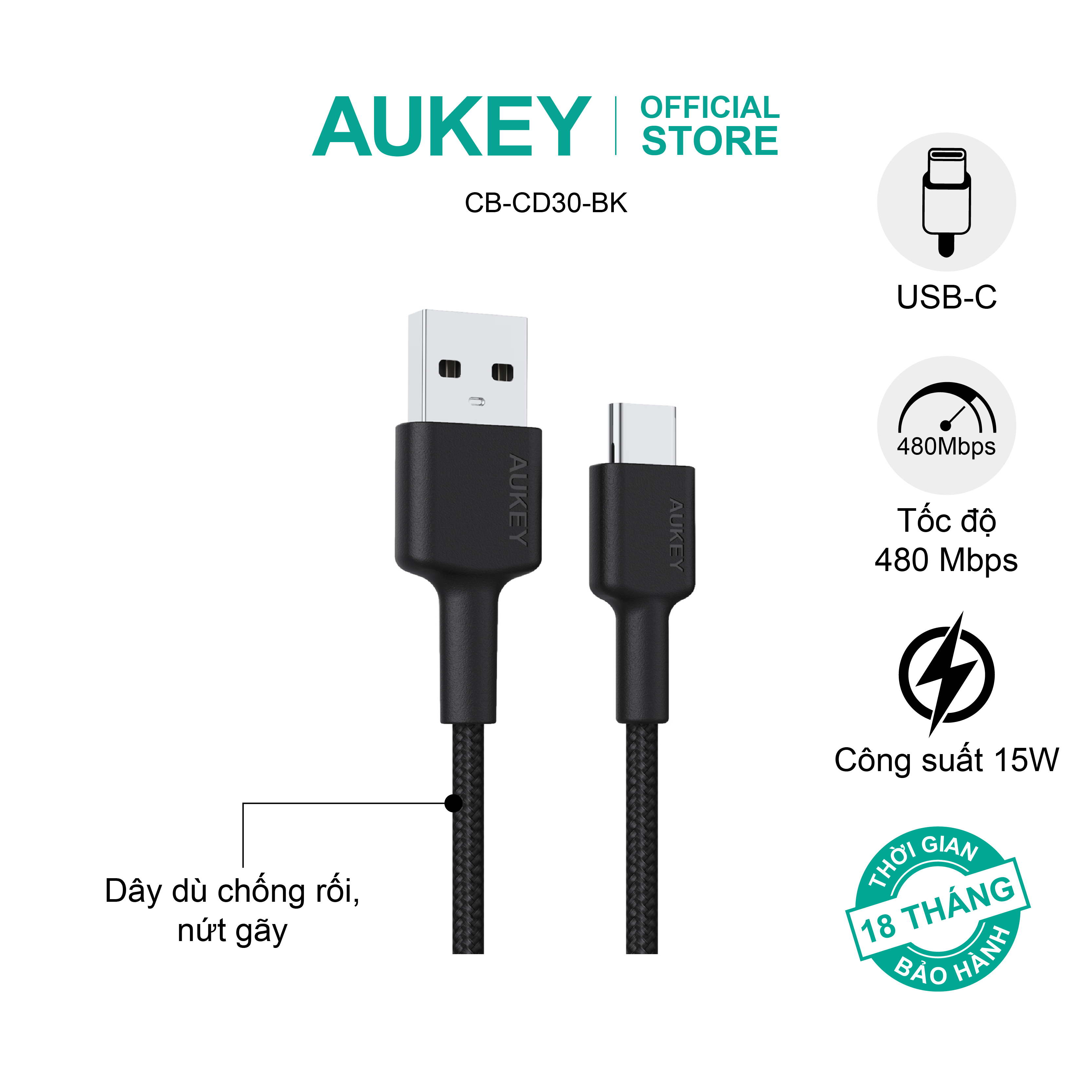 Cáp Aukey USB-A to USB-C dây dù 0.9 mét CB-CD30