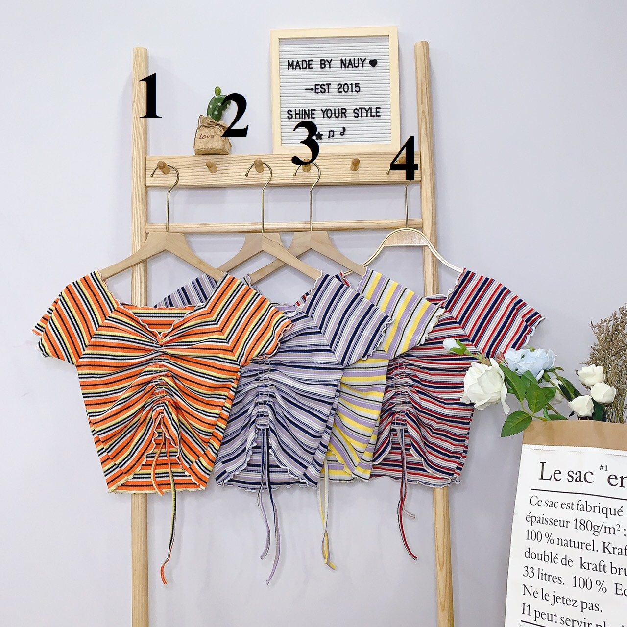 Áo kiểu sọc màu rút dây giữa xinh