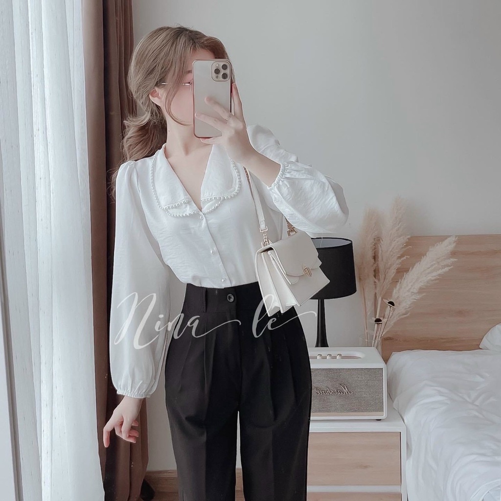 Áo sơ mi kiểu trắng nữ chất lụa phối ngọc sang chảnh A567