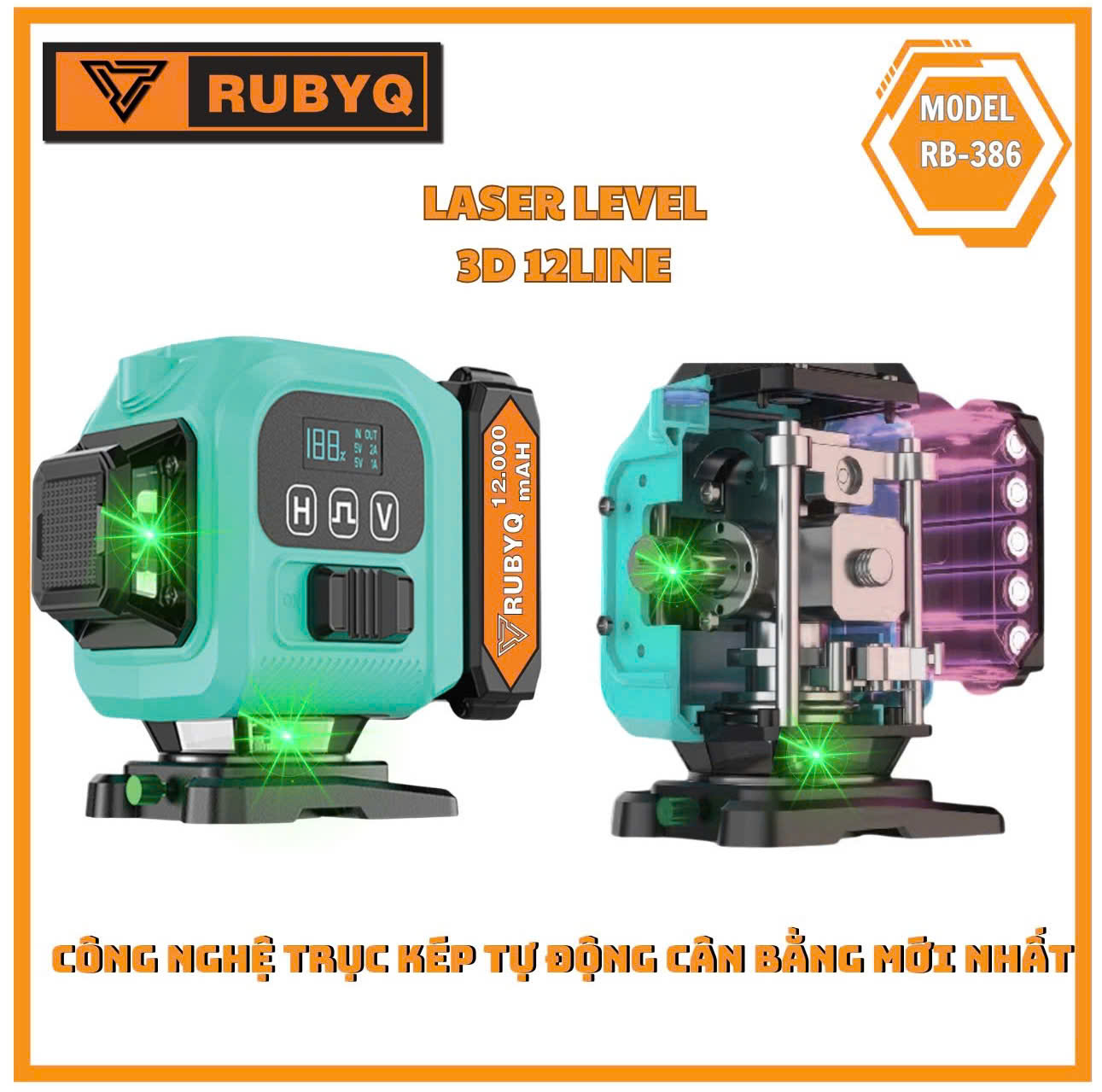 Máy cân bằng laser Bóng Super lep siêu sáng 12 tia xanh chính hãng RUBYQ CAO CẤP có đồng hồ hiện thi phần trăm pin