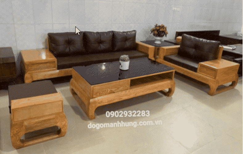 Bộ bàn ghế phòng khách Sofa góc gỗ sồi mầu óc chó mẫu hiện đại MS 14.9