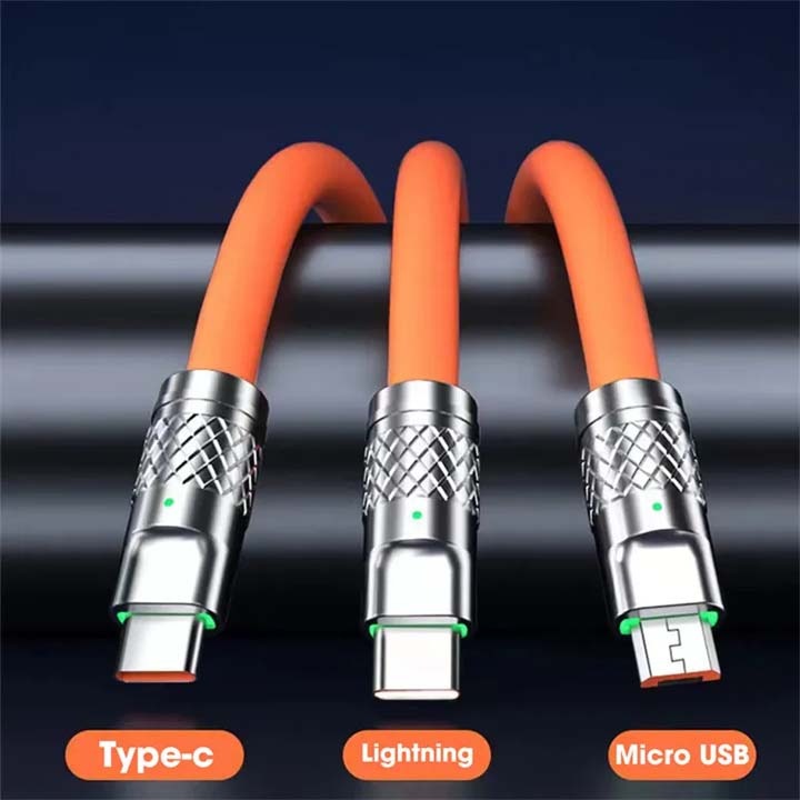 Dây Cáp 3 Đầu Sạc Nhanh 120W 6A Cổng Micro USB type C Bằng silicon Cho iPhone Android.