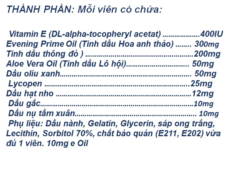 Viên Uống Đẹp Da ,Sáng ,Mịn Da Vitamin E đỏ 2000IU Thành Phần Vitamin E,Tinh Dầu Hoa Anh Thảo, Tinh Dầu Thông Đỏ,  Lô Hội , O Liu.. Giúp