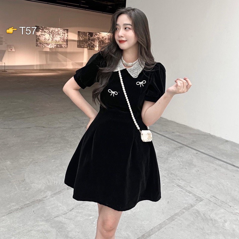 Váy đầm nữ cổ sen đá peter đính đá nơ siểu dễ thương tay ngắn chất vải nhung mềm mịn cực hot