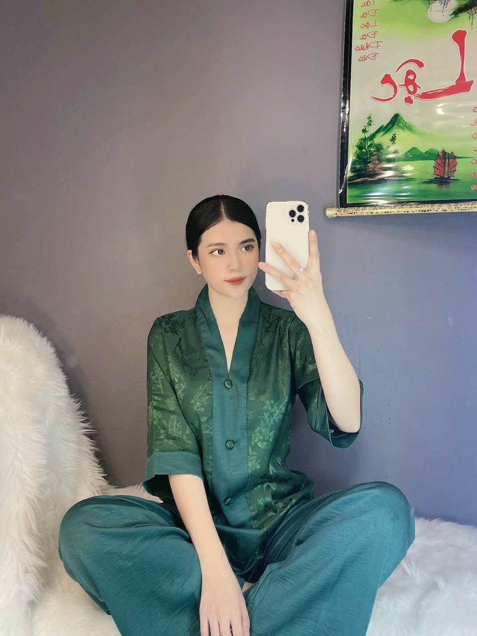 set  đồ lam đi chùa thiết kế nữ bài lai gấm phối lụa