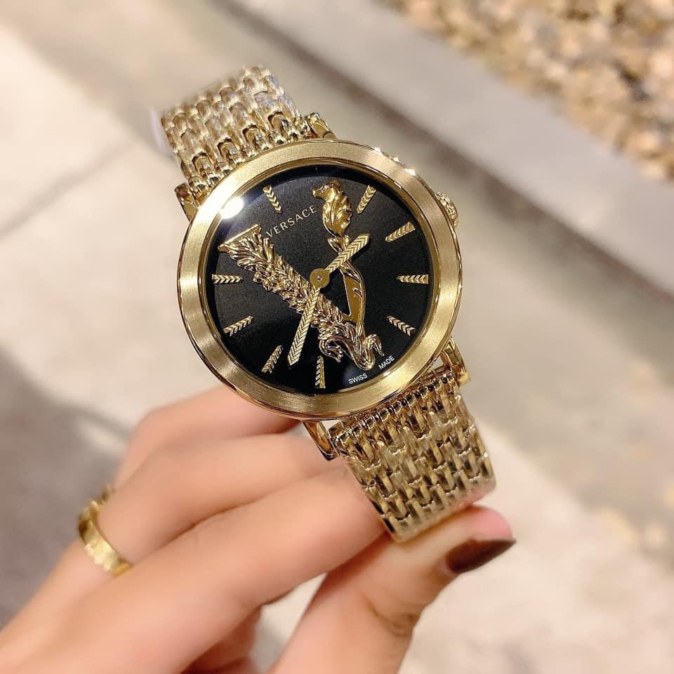 [HCM]Đồng Hồ Versace Virtus Gold Nữ Dây Vàng Mặt Đen 36mm