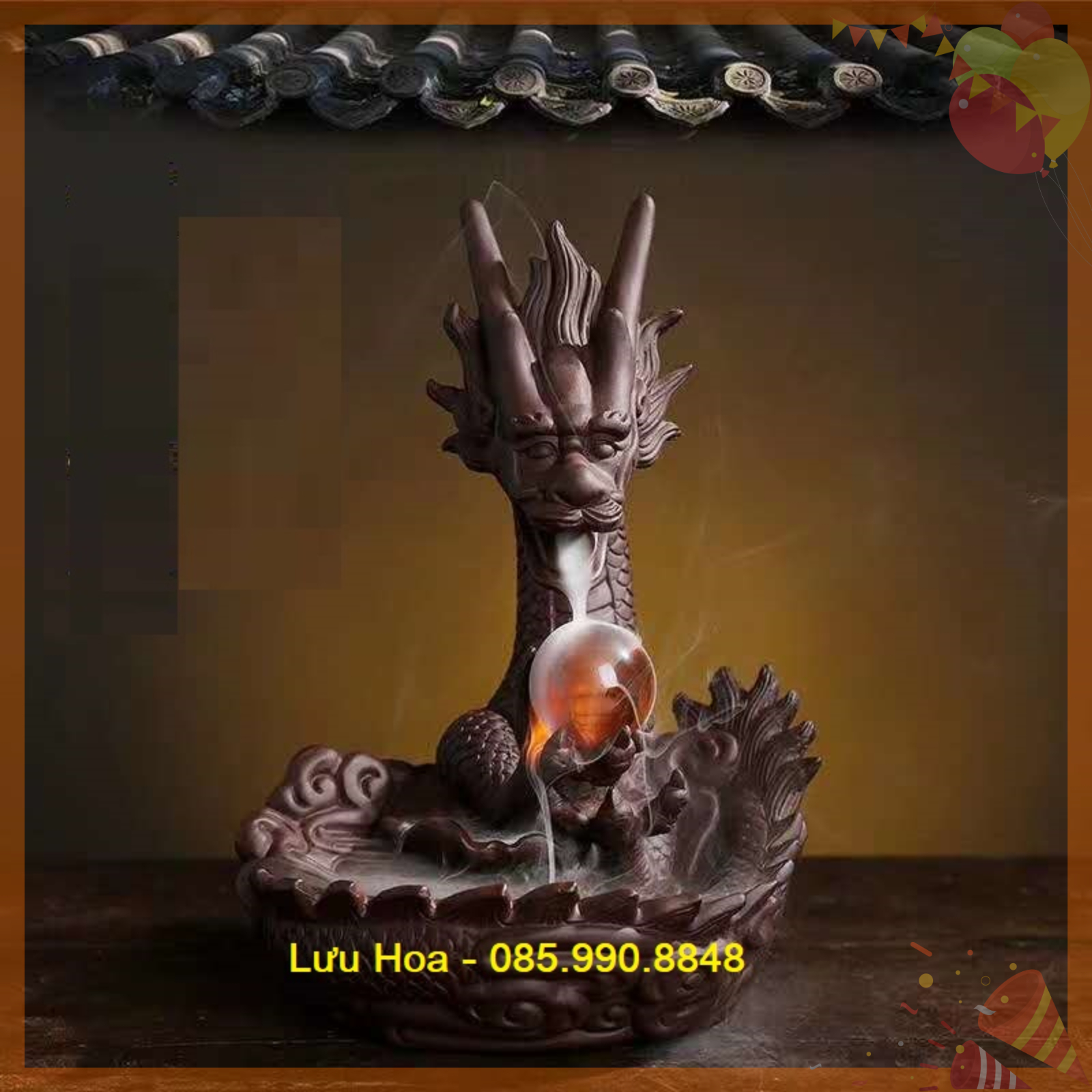 Thác Khói Trầm Hương PHI LONG PHUN CHÂU tay cầm Ngọc Rồng - Dùng tĩnh tâm, thiền định, cầu bình an, may mắn, tài lộc