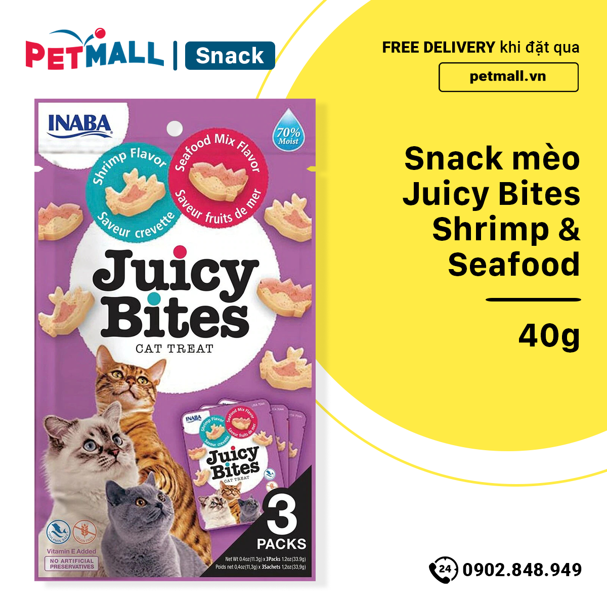 Treats mèo Juicy Bites Shrimp & Seafood 40g - Vị Tôm và Hải sản Petmall