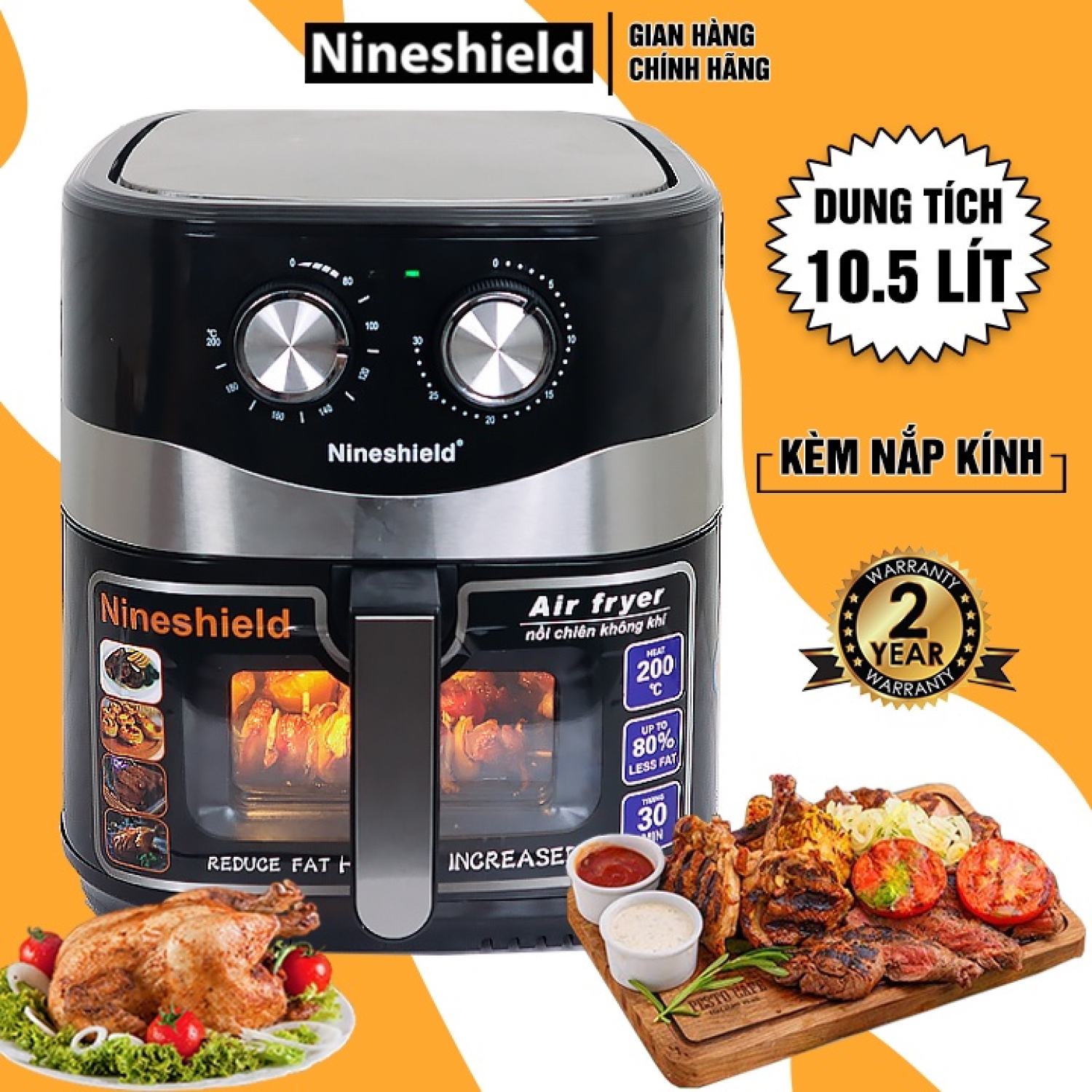 Nồi chiên không dầu nineshield 9l 10.5l 12l - chiên 2 con gà cùng 1 lúc - nồi chiên nướng đa năng - thế hệ mới 2022 - nồi chiên k dầu đa - nồi chiên k dầu 10.5l