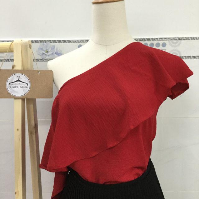 ( Quà tặng dây cột tóc ) Áo crop lệch vai bèo hot tren bách phố