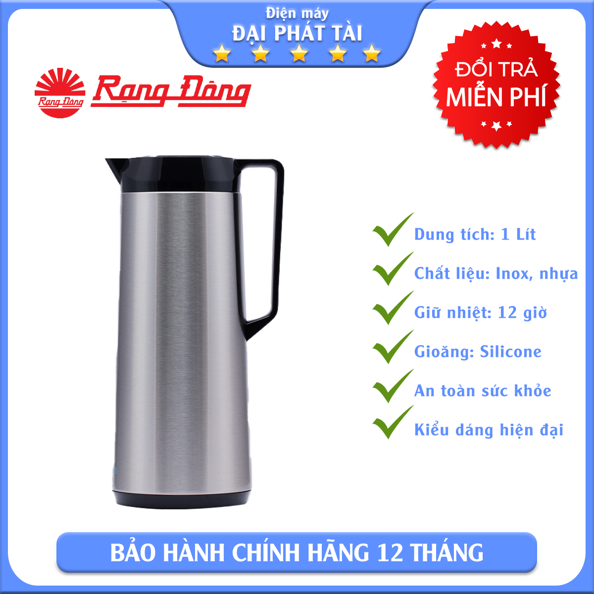 Bình thủy inox Rạng Đông RD1040 ST2.E 1L (Trắng)