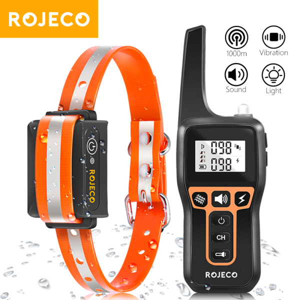 Vòng cổ huấn luyện chó điện ROJECO 1000M với vòng cổ chống sốc IPX7 có thể sạc lại từ xa cho 2 con chó Sốc rung Bíp