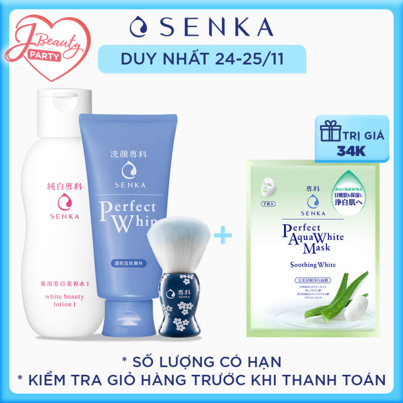 Bộ sản phẩm làm sạch và dưỡng trắng da Senka ( Perfect Whip 120g + White Beauty Lotion I 200ml + Cọ tạo bọt) giá rẻ