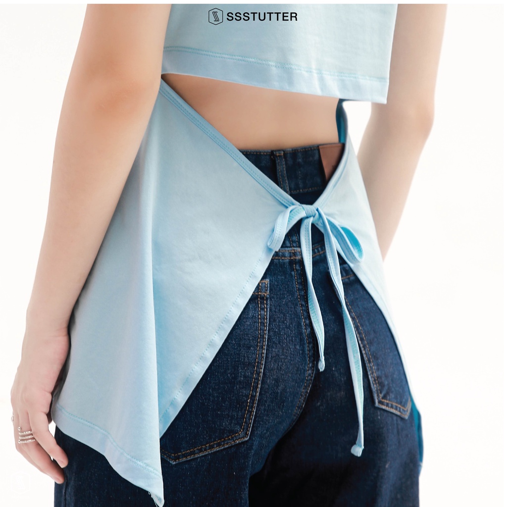 Áo thun nữ SSSTUTTER chất cotton Hàn thoáng mát kiểu chiết eo xẻ lưng tie-back tee