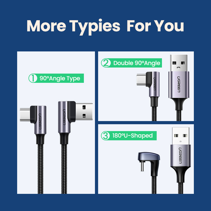 UGREEN Cáp USB C Nylon Cáp Sạc Nhanh 90 Độ Cáp Loại C, Dành Cho Xiaomi Redmi Note 9 SRedmi Note 9S Tiện Lợi Cáp Pubg Chơi Game Dành Cho Xiaomi A1/A2Mi 6/ Mi 8/Pocophone F1/Redmi Note 7/Huawei Nova 3/P9/Samsung Note 9/S8, V. V.  Model:20855