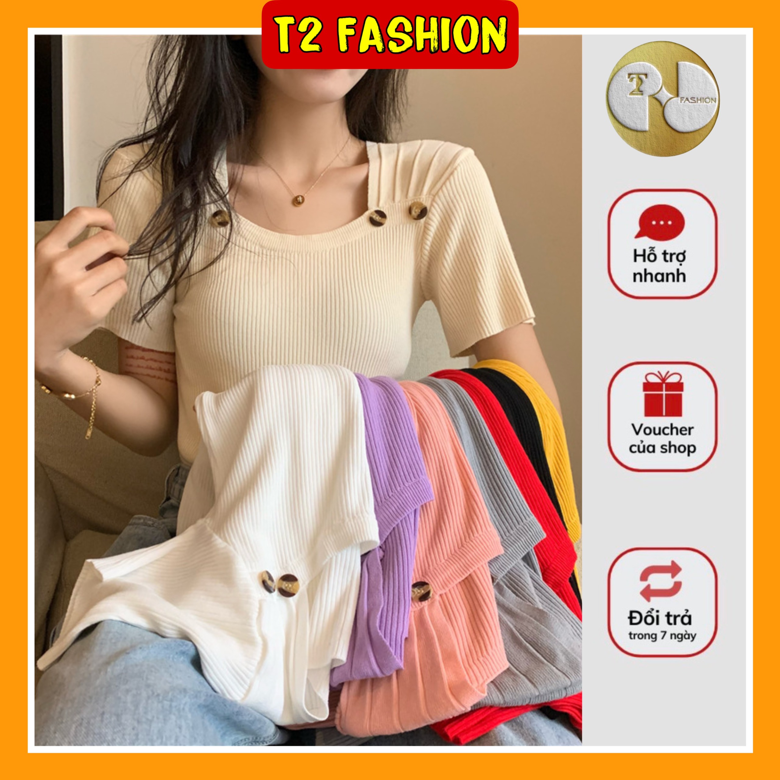 Áo thun ngắn tay cổ vuông phối nút T303