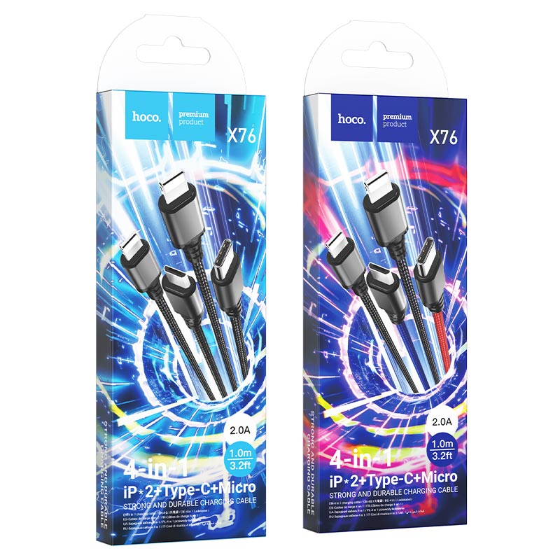 Cáp sạc 4 đầu Hoco X76 siêu bền dây dài 1m