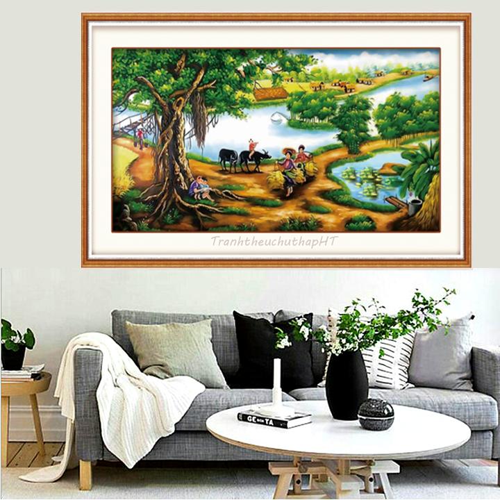 [HCM]Tranh đính đá phong cảnh làng quê LV015 - tự đính
