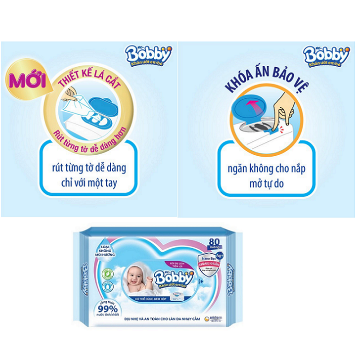 Combo 6 gói khăn giấy ướt Bobby Nano bạc kháng khuẩn (80 tờ x 6 gói)