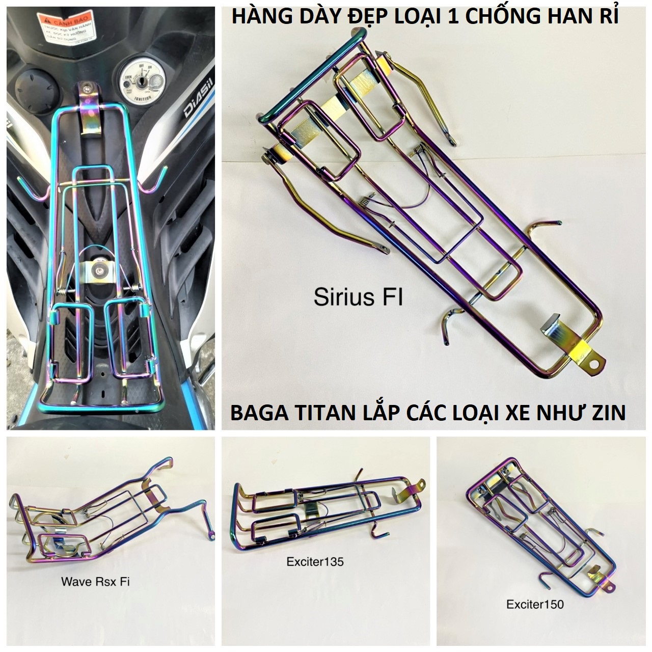Baga titan giữa xe máy loại dày đẹp chống han rỉ , baga xe máy ti tan lắp các loại xe mẫu mới lắp các loại xe, đồ kiểu xe máy , phụ kiện độ xe máy