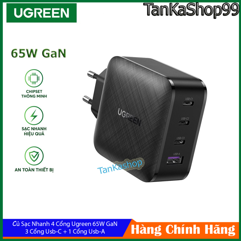 Củ Sạc 4 Cổng Ugreen 65W GaN, 3 Usb-C + 1 Usb-A, Sạc Nhanh Iphone,Samsung,Huwei,Macbook,Laptop,...
