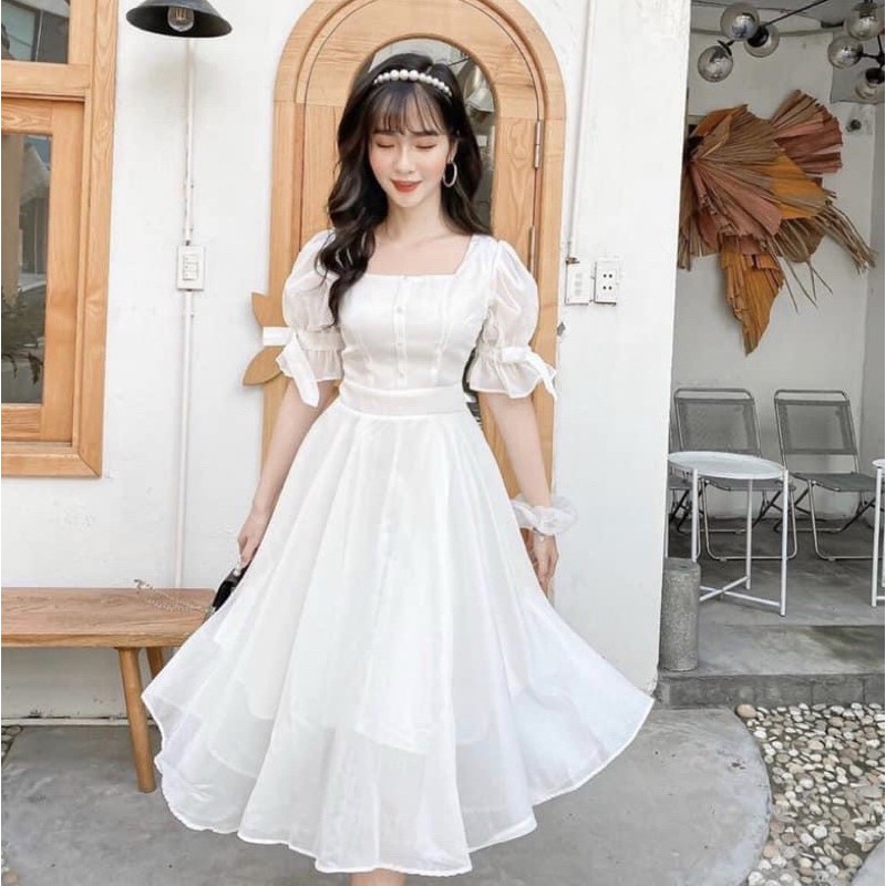 Đầm cổ vuông tay nơ 2 màu
