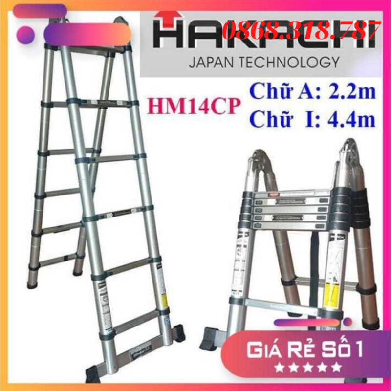Thang Nhôm HAKACHI HM14CP - 4M4 - Chữ A 2M2 + 2M2 - BH 24 Tháng. . MỚI 2019