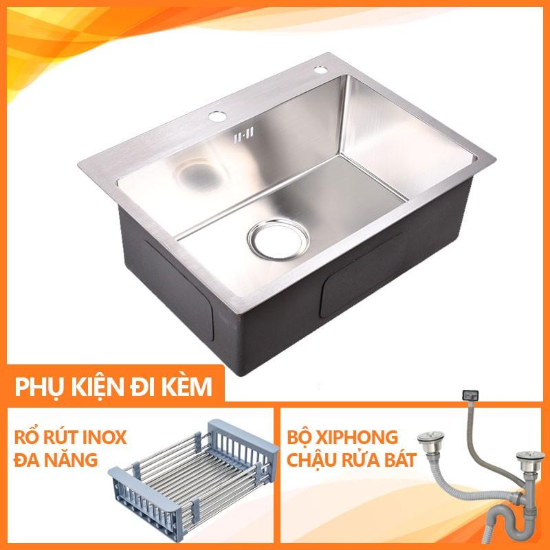 [HCM]Chậu rửa bát inox 304( 60cm x 45cm)- tặng kèm giá inox để trên chậu rửa bát