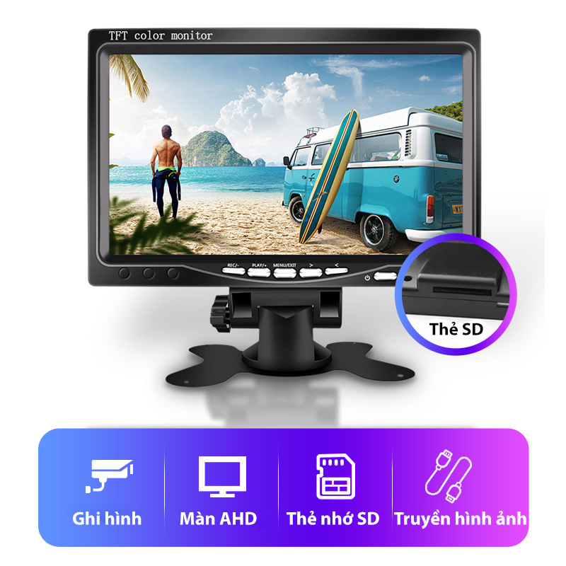 Màn hình AHD, 7 inch, xem cùng lúc 2 camera, ghi hình 1 camera, có khe cắm thẻ nhớ, - 1 màn hình, không bao gồm camera