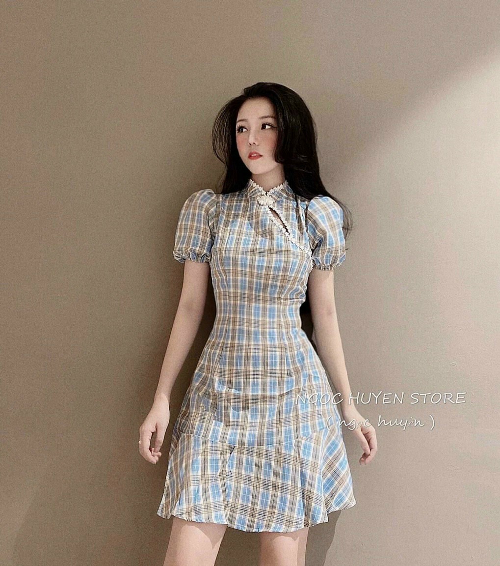 Đầm caro cổ tàu-QH#damnu